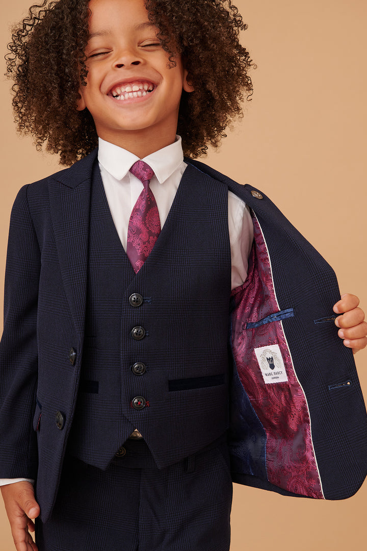 BROMLEY - Children's Navy Check Print Three Piece Suit