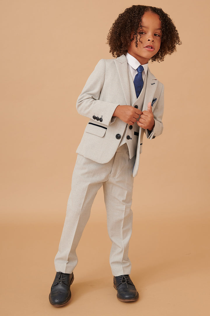 BROMLEY - Children's Stone Check Print Three Piece Suit