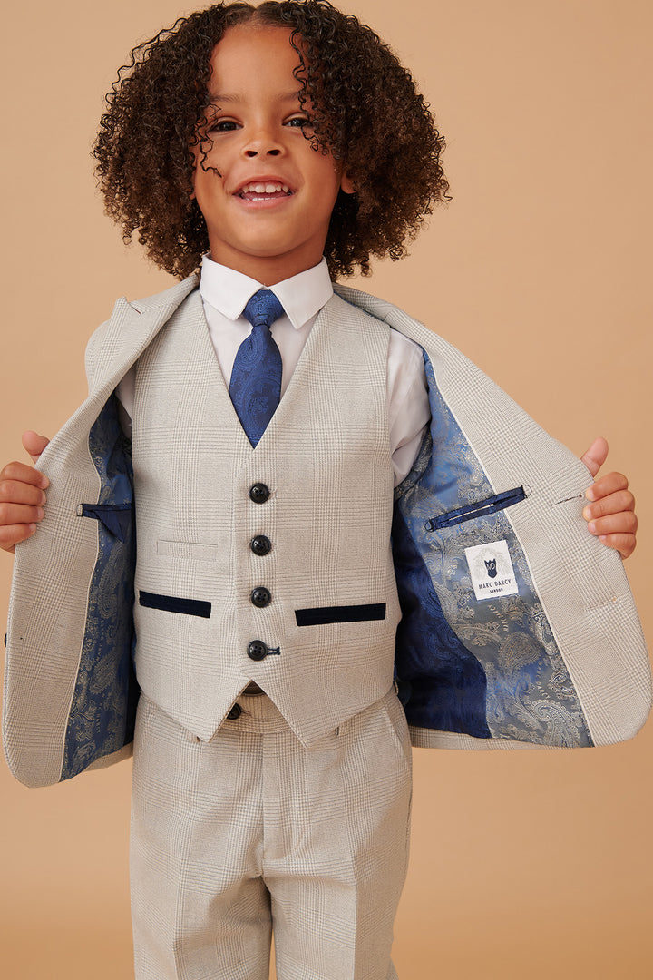 BROMLEY - Children's Stone Check Print Three Piece Suit