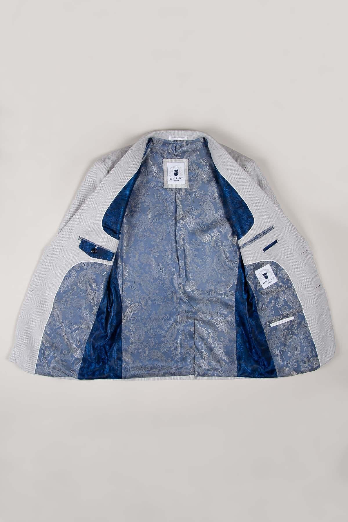 A light grey plaid blazer with blue paisley lining is shown open, front view—ideal for men’s slim fit formalwear or pairing with your Marc Darcy WBA Collection - BROMLEY Stone Suit.