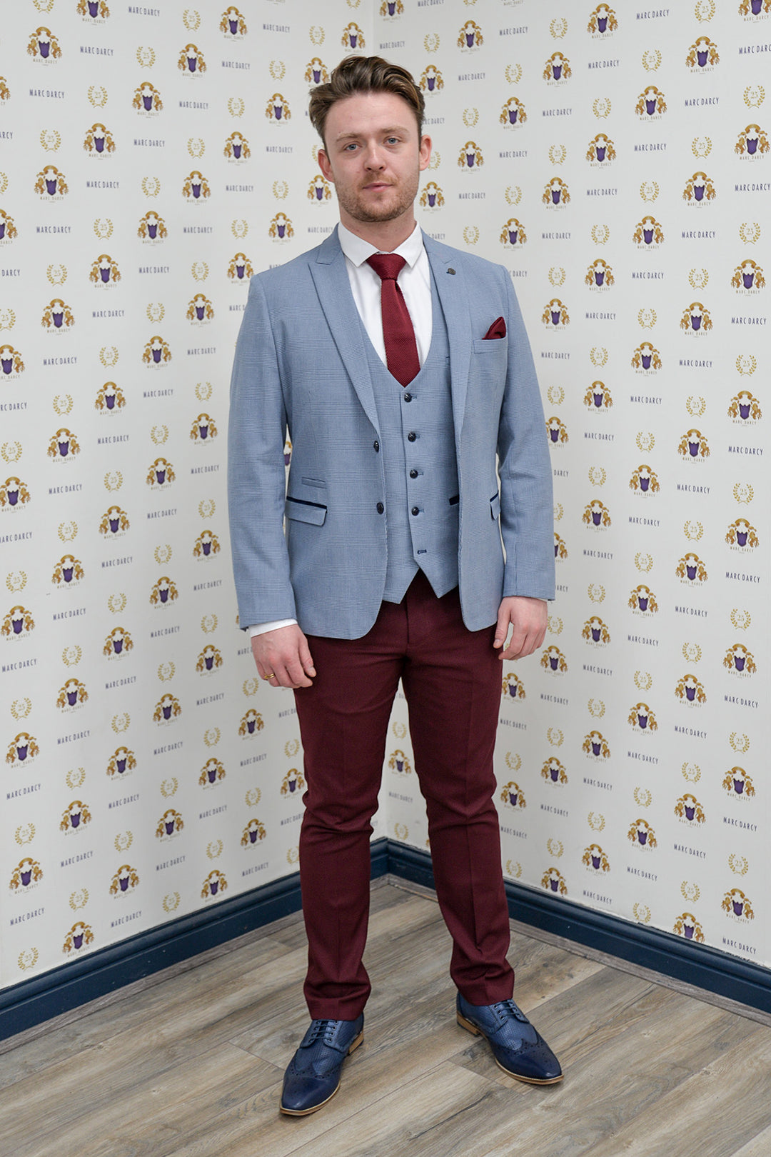 Coronation Street's Joel Deering (Calum Lill) in BROMLEY Sky Blue Blazer With Wine Chinos