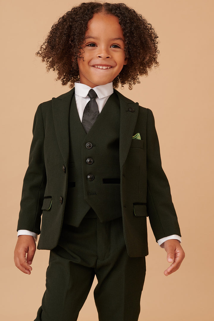 BROMLEY - Children's Olive Green Check Print Three Piece Suit