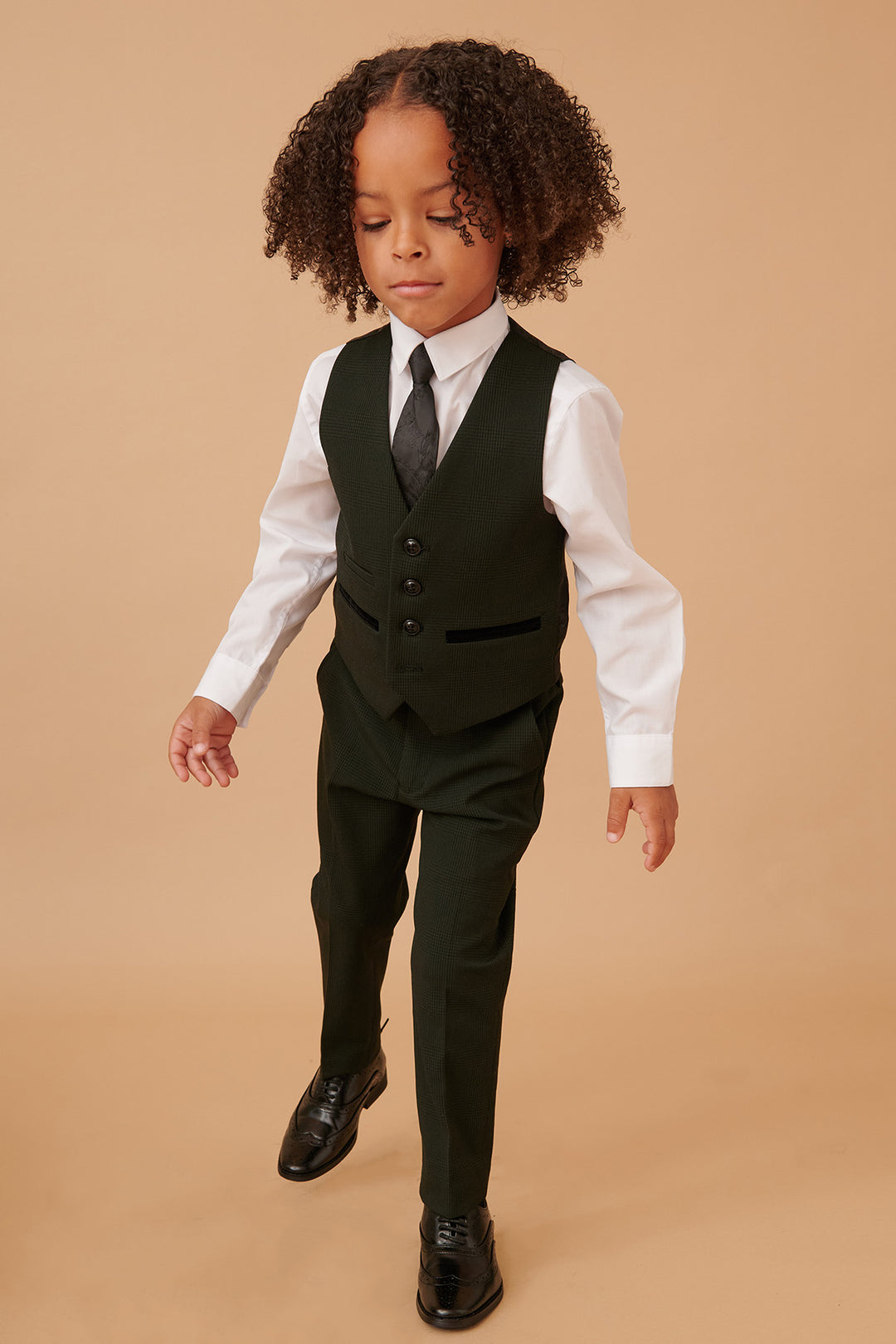 BROMLEY - Children's Olive Green Check Print Three Piece Suit