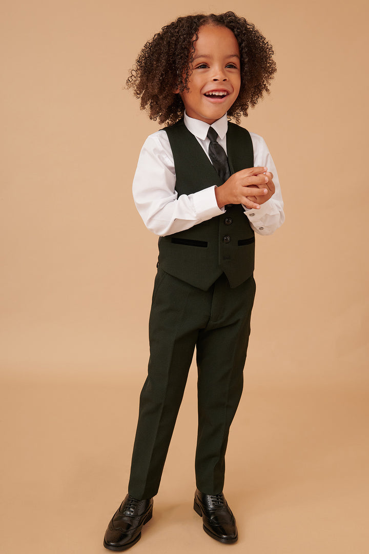 BROMLEY - Children's Olive Green Check Print Three Piece Suit