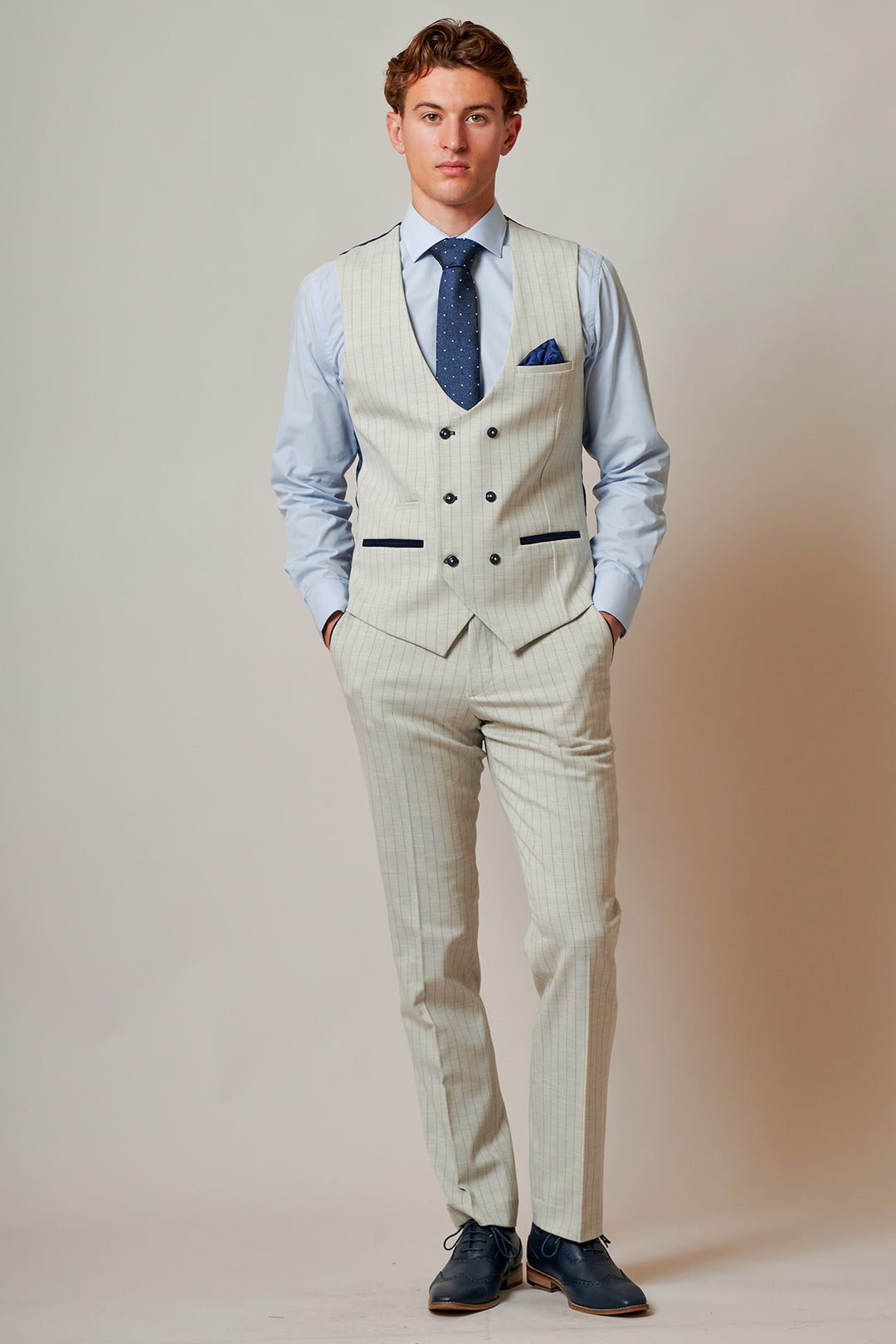 GRANT - Stone Double Breasted Pinstripe Waistcoat