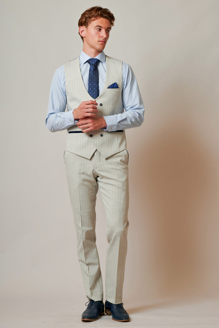 GRANT - Stone Double Breasted Pinstripe Waistcoat