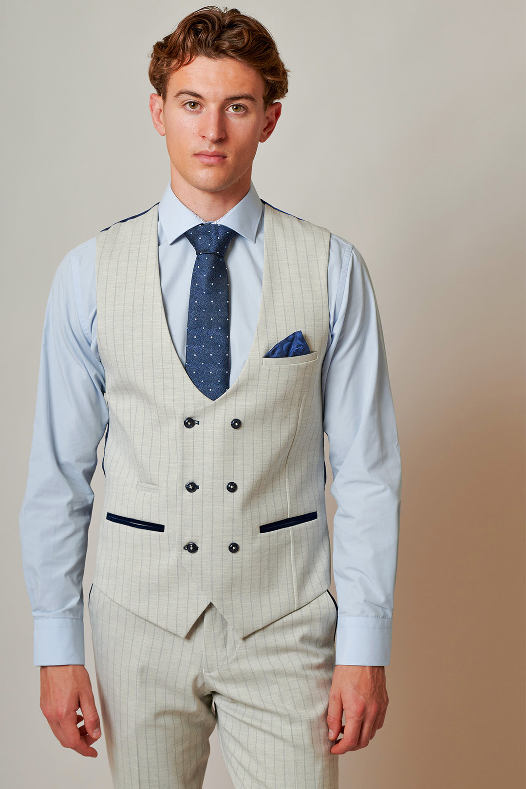 GRANT - Stone Double Breasted Pinstripe Waistcoat