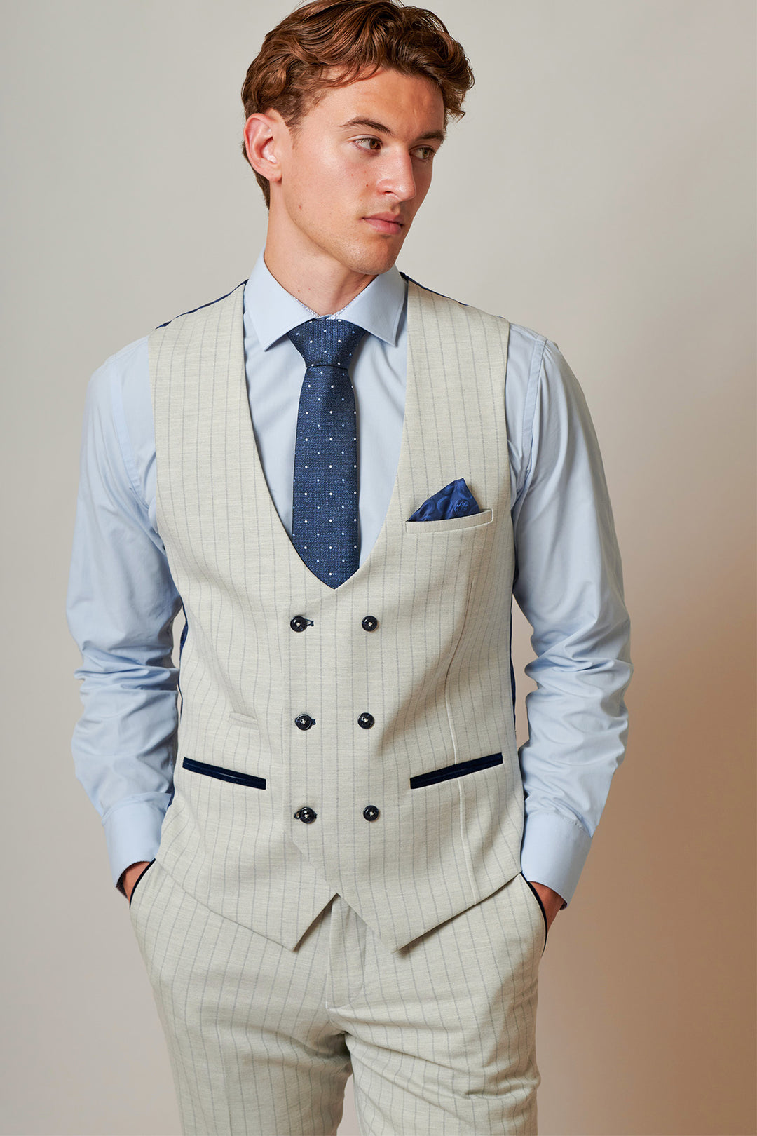 GRANT - Stone Double Breasted Pinstripe Waistcoat