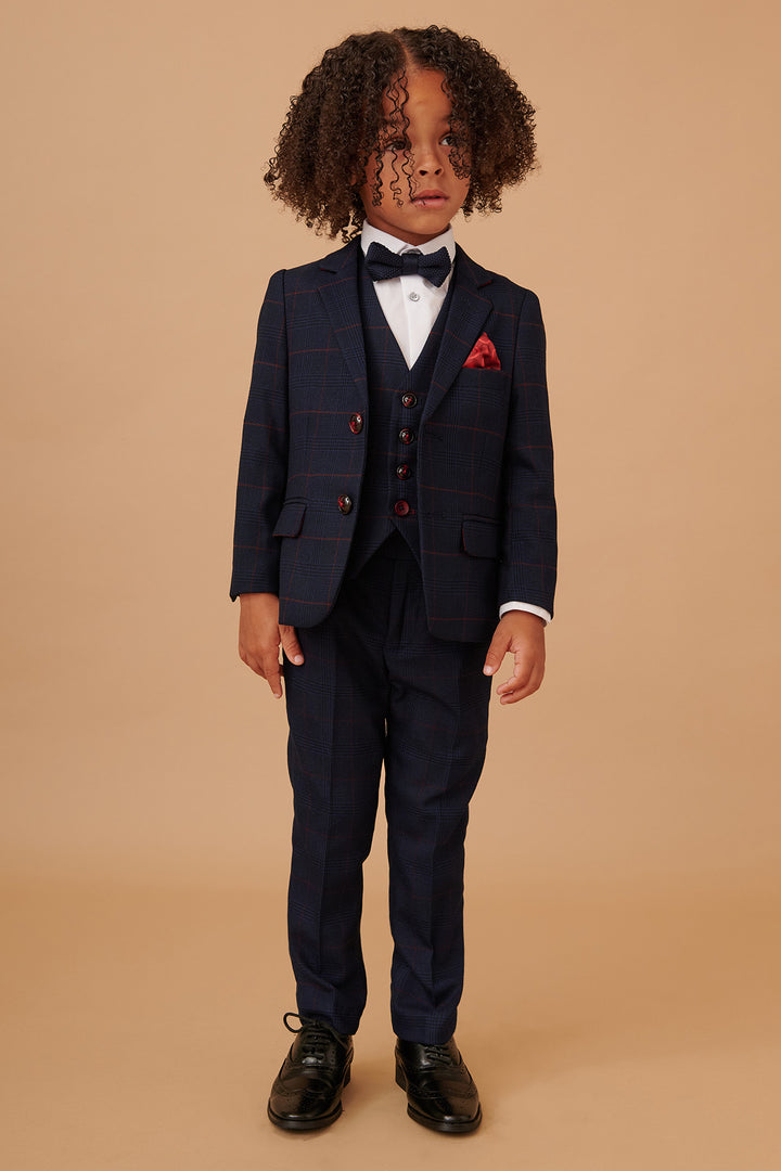 EDINSON - Children's Navy Wine Check Print Three Piece Suit