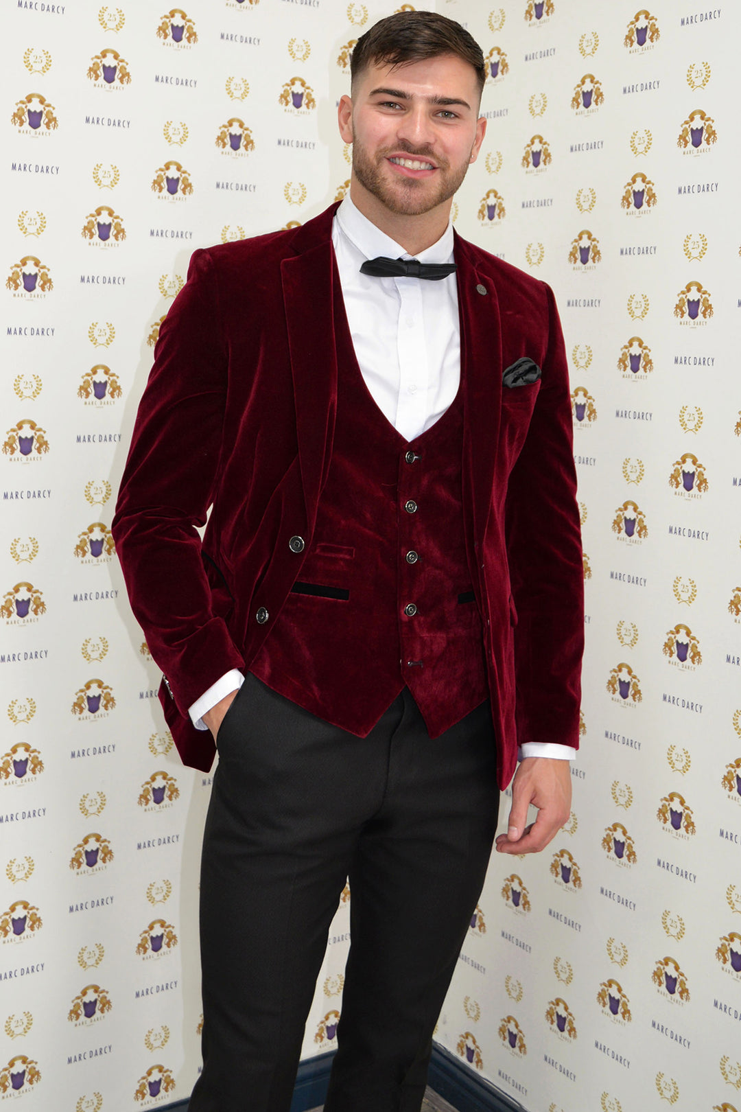 'I'm A Celebrity Get Me Out Of Here' 2022 Runner Up Owen Warner in HUDSON Wine Velvet Blazer & Waistcoat