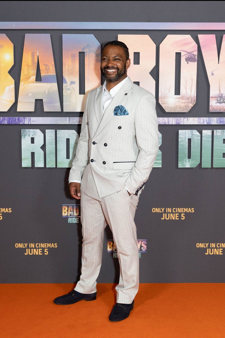 JLS Singer & Presenter JB Gill In GRANT Stone Pinstripe Double Breasted Suit