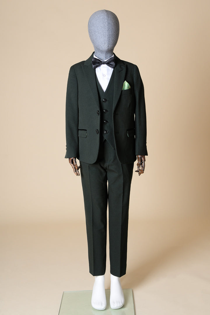 BROMLEY - Children's Olive Green Check Print Three Piece Suit
