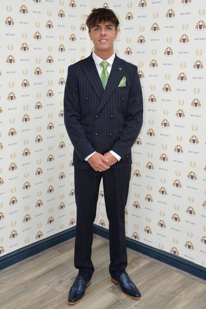 Coronation Street's Mason Radcliffe (Luca Toolan) In ROCCO Navy Pinstripe Double Breasted Two Piece Suit