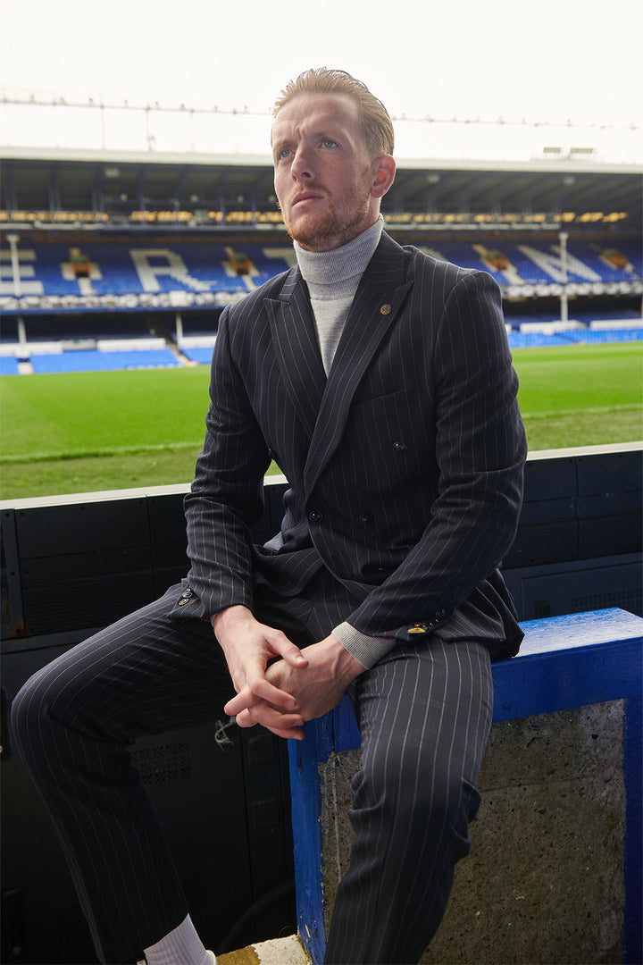 The Everton Collection | Jordan Pickford In ROCCO Navy Pinstripe Double Breasted Two Piece Suit