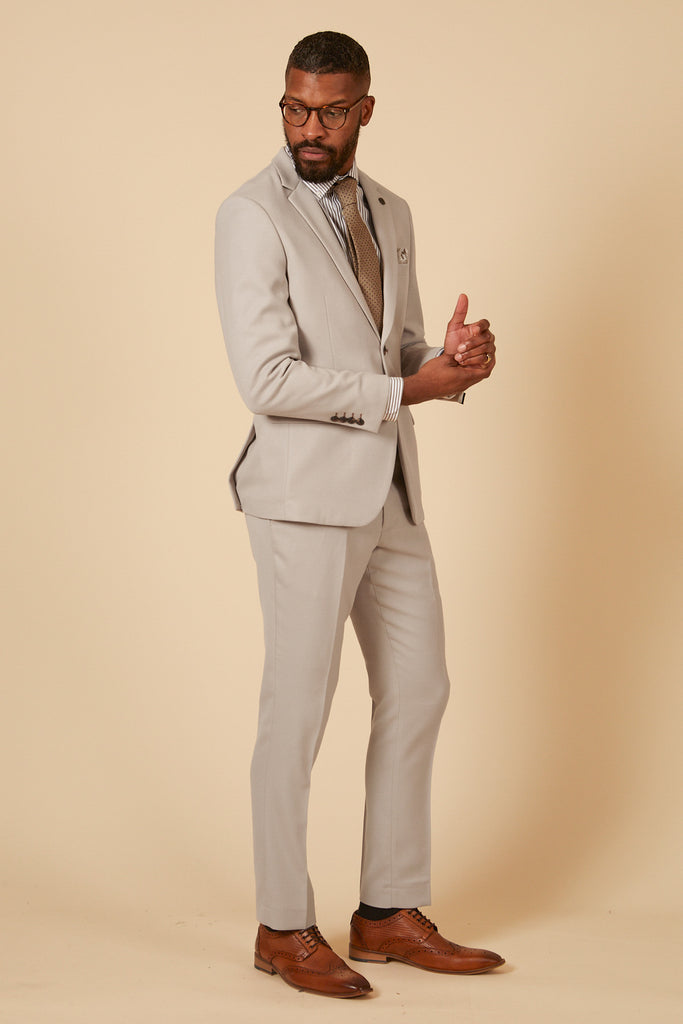BEIGE SKINNY SPLICED SUIT JACKET AND TROUSERS | boohooMAN USA