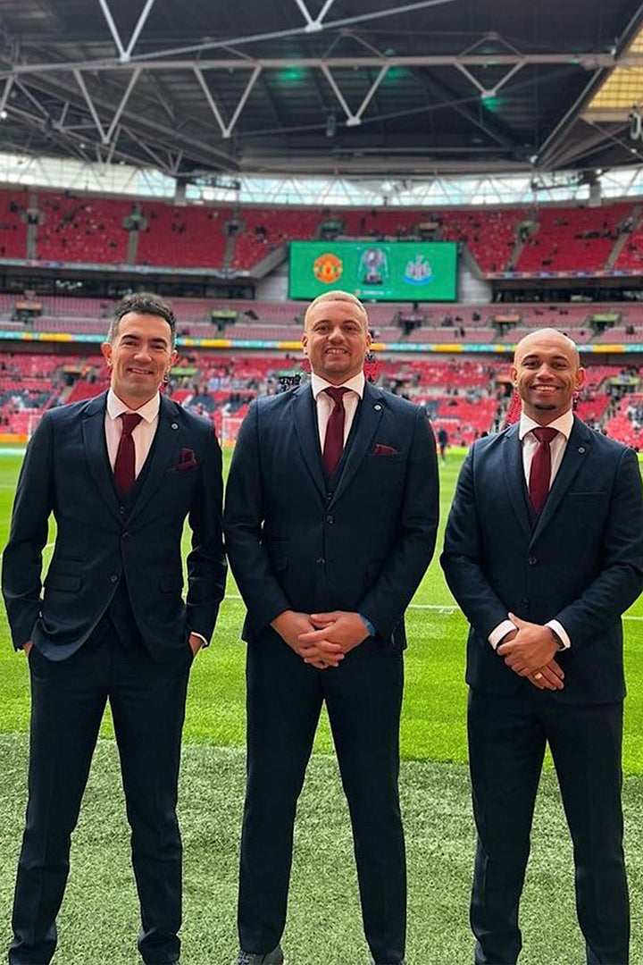 MUTV presenter Mark Sullivan with Former Manchester United Players Wes Brown and Danny Webber in Callum Blue Suit