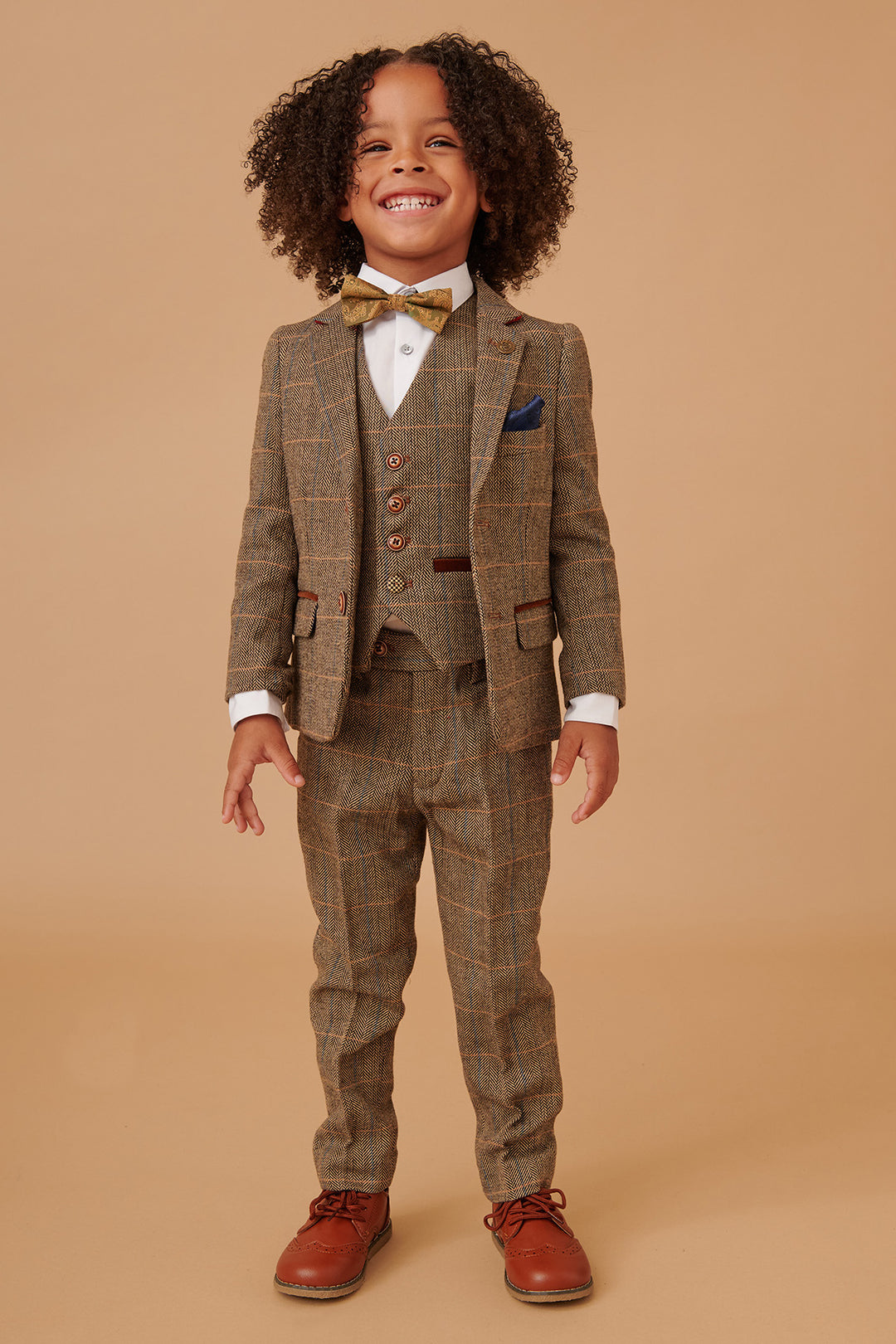 TED - Childrens Tan Tweed Check Three Piece Suit