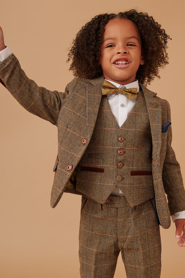 TED - Childrens Tan Tweed Check Three Piece Suit