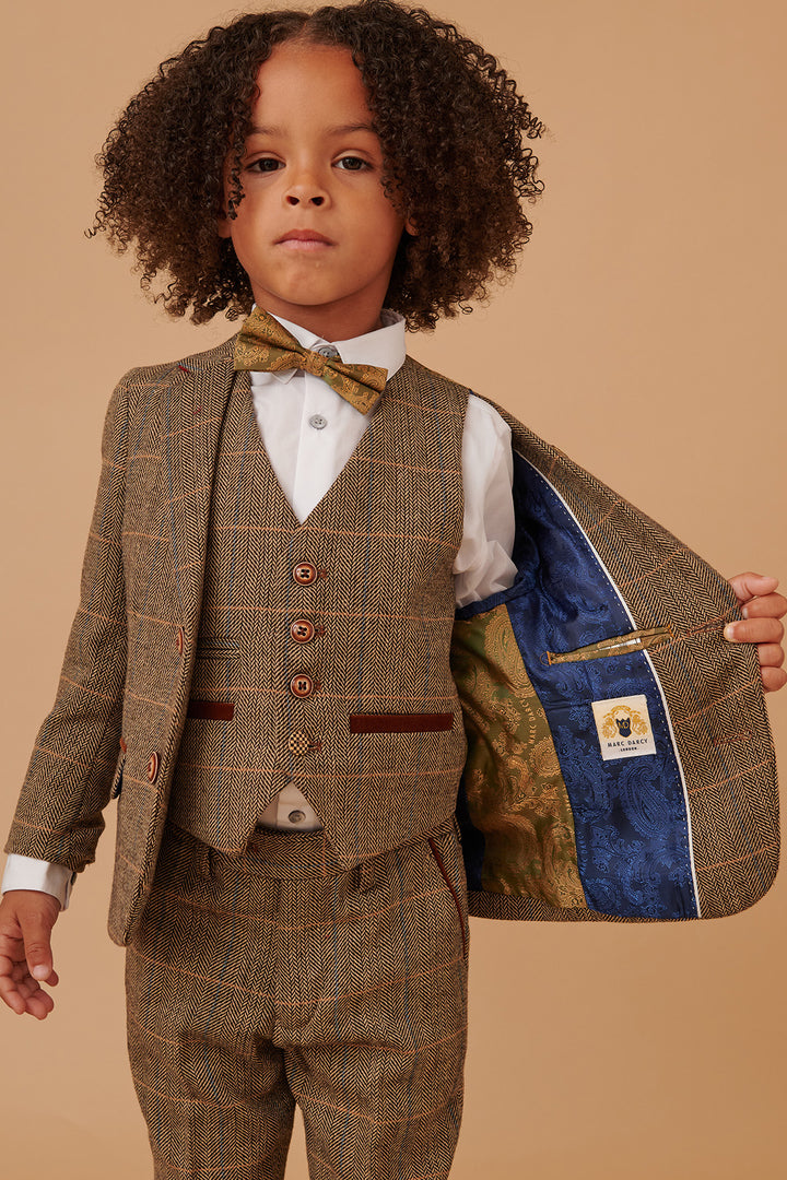 TED - Childrens Tan Tweed Check Three Piece Suit