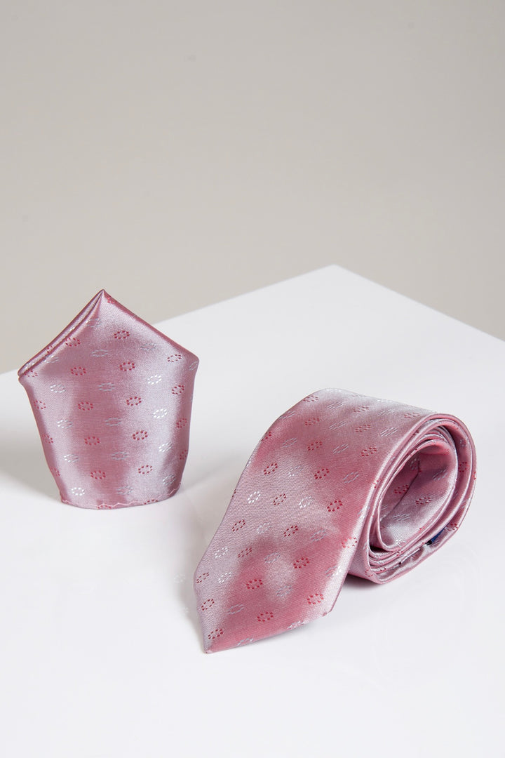 The Accessory TS CIRCLE - Pink Circle Tie and Pocket Square Set features a light pink circle print tie and matching pocket square with a subtle dot pattern—ideal for elevating any tux suit.