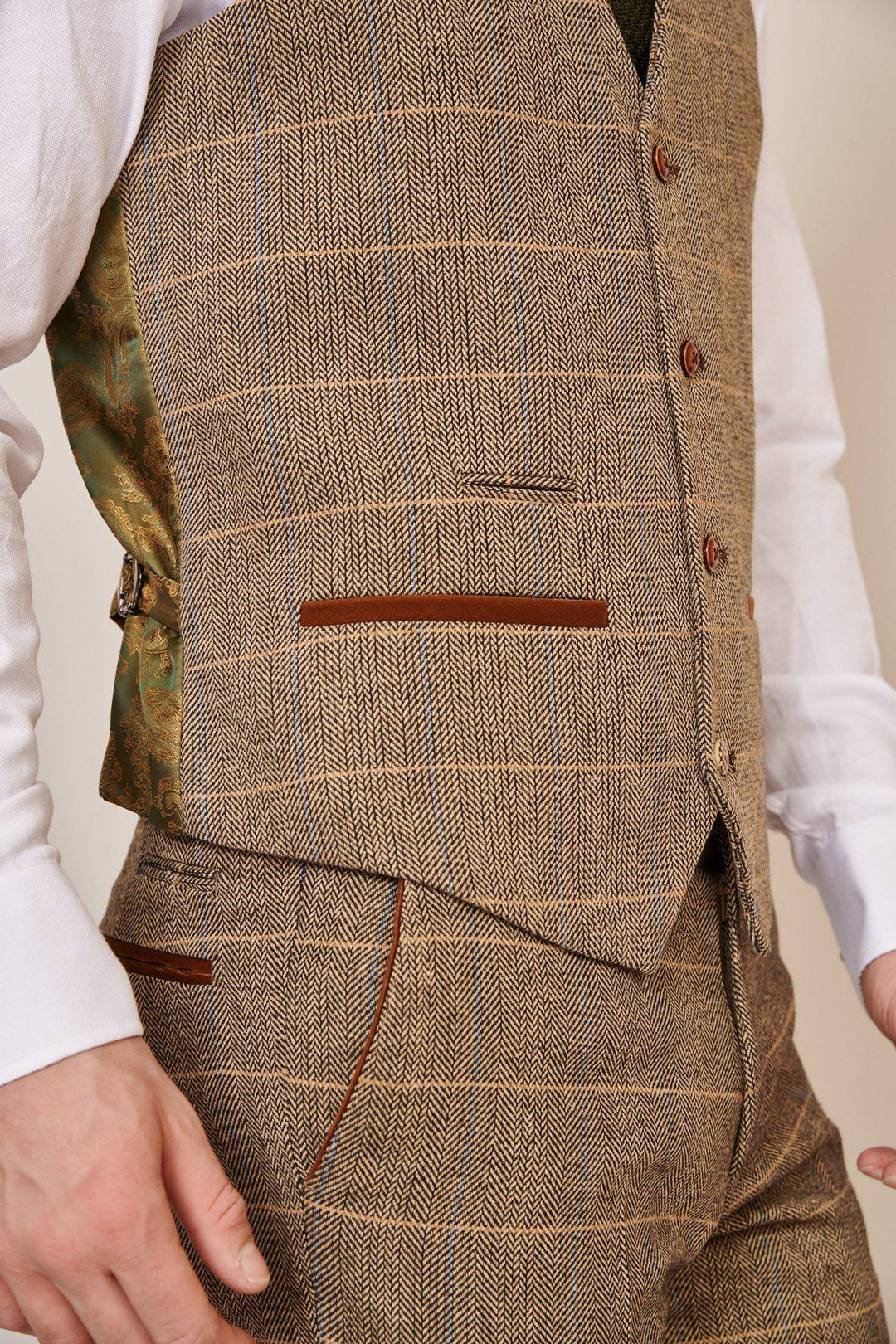 Comedian Ade Edmondson In TED Tan Tweed Check Waistcoat & Trousers