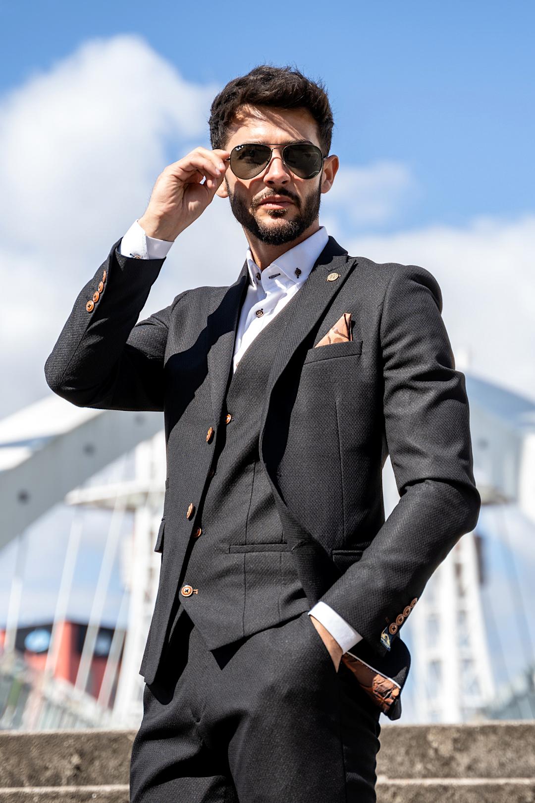 MAX - Black Three Piece Suit with Contrast Buttons