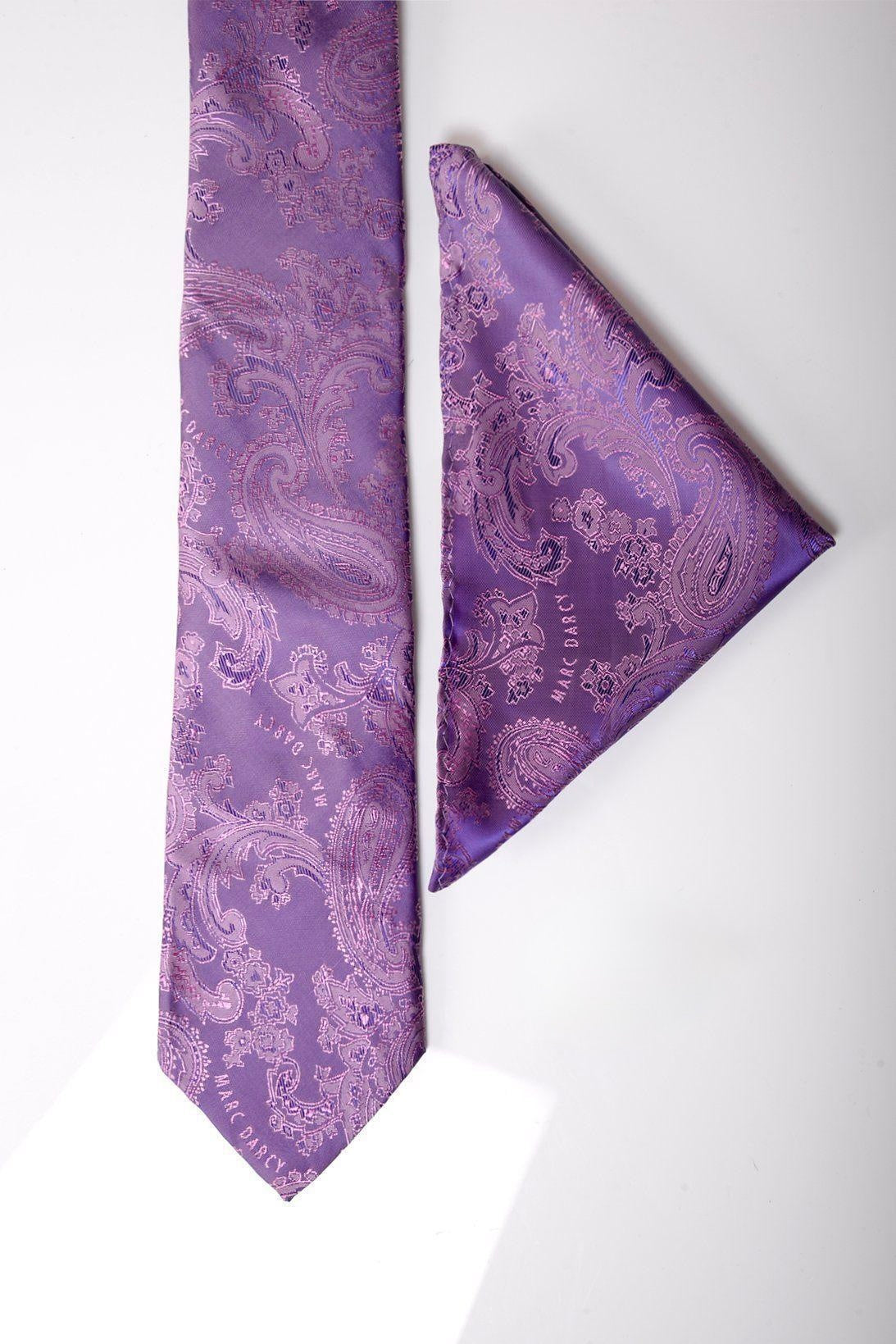 The Accessory PAISLEY Purple Paisley Tie and Pocket Square Set is displayed flat with a matching folded square on a white background, ideal for formal occasions.