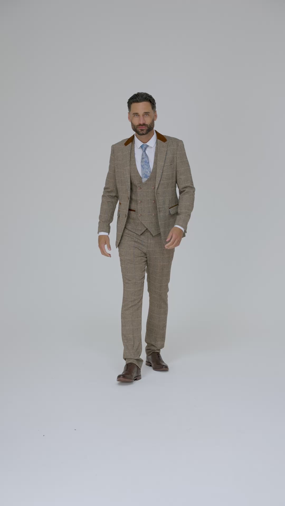 DX7 - Tan Tweed Check Three Piece Suit With Double Breasted Waistcoat