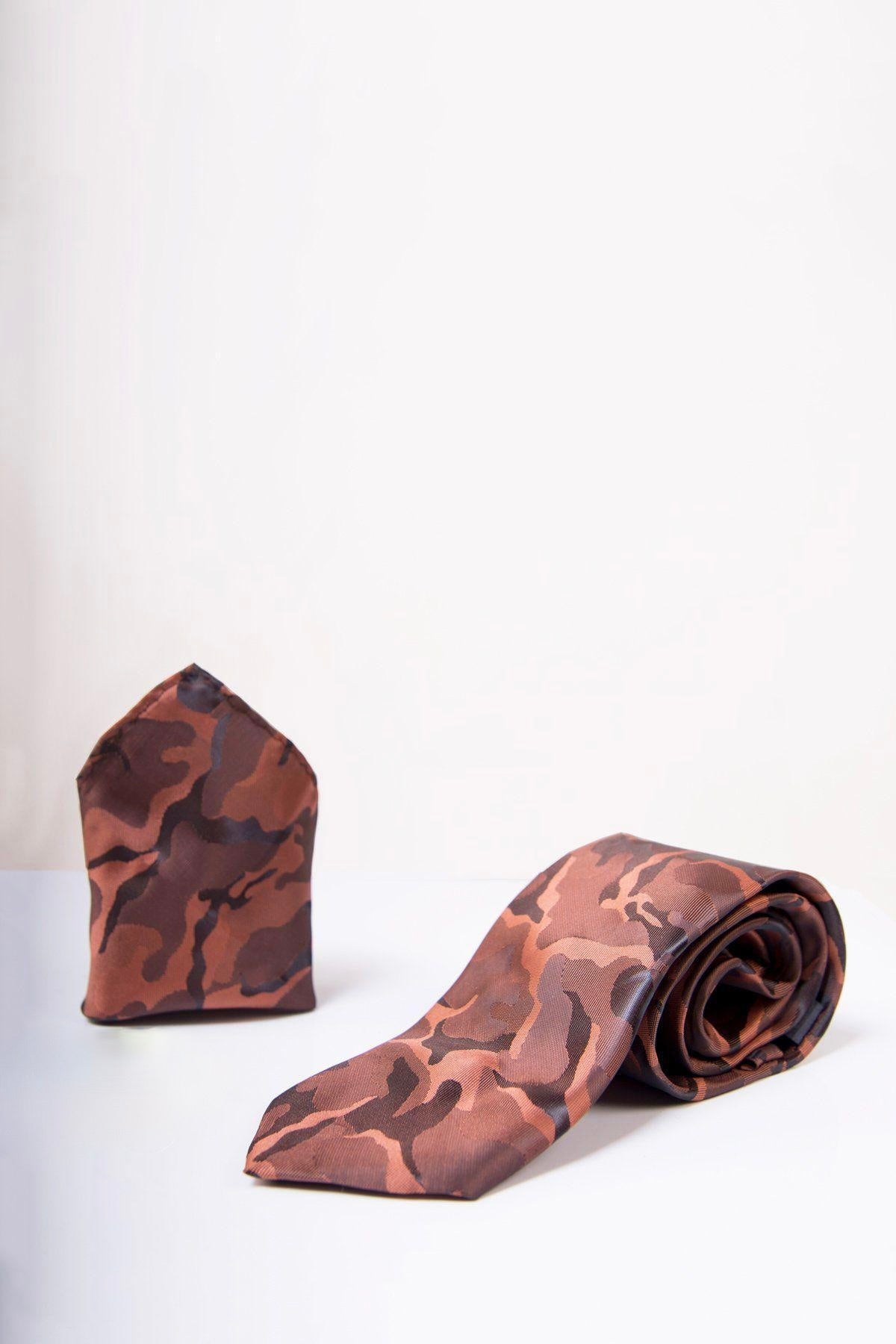 The Accessory TS ARMY Copper Camouflage Tie and Pocket Square Set, perfect for unique formalwear, is displayed on a white surface with a light background.