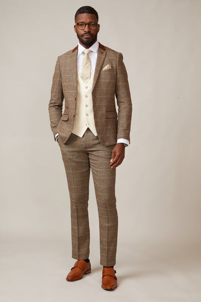 DX7 - Tan Tweed Check Suit With Kelvin Cream Waistcoat
