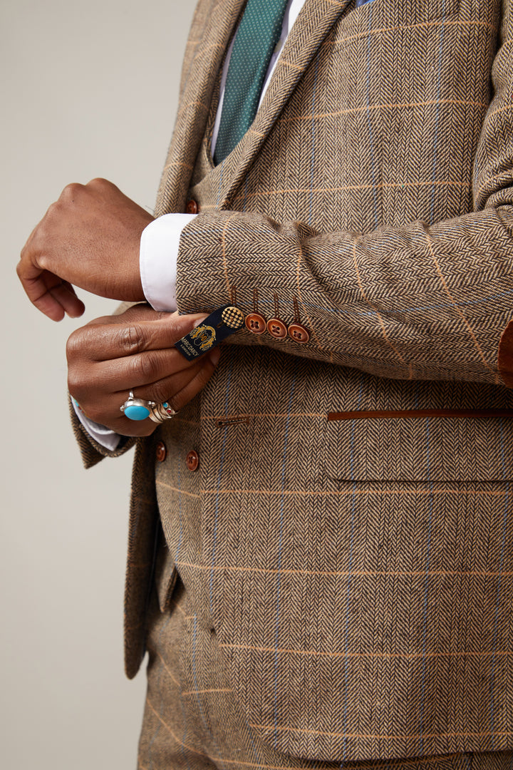 DX7 - Tan Tweed Check Three Piece Suit With Double Breasted Waistcoat