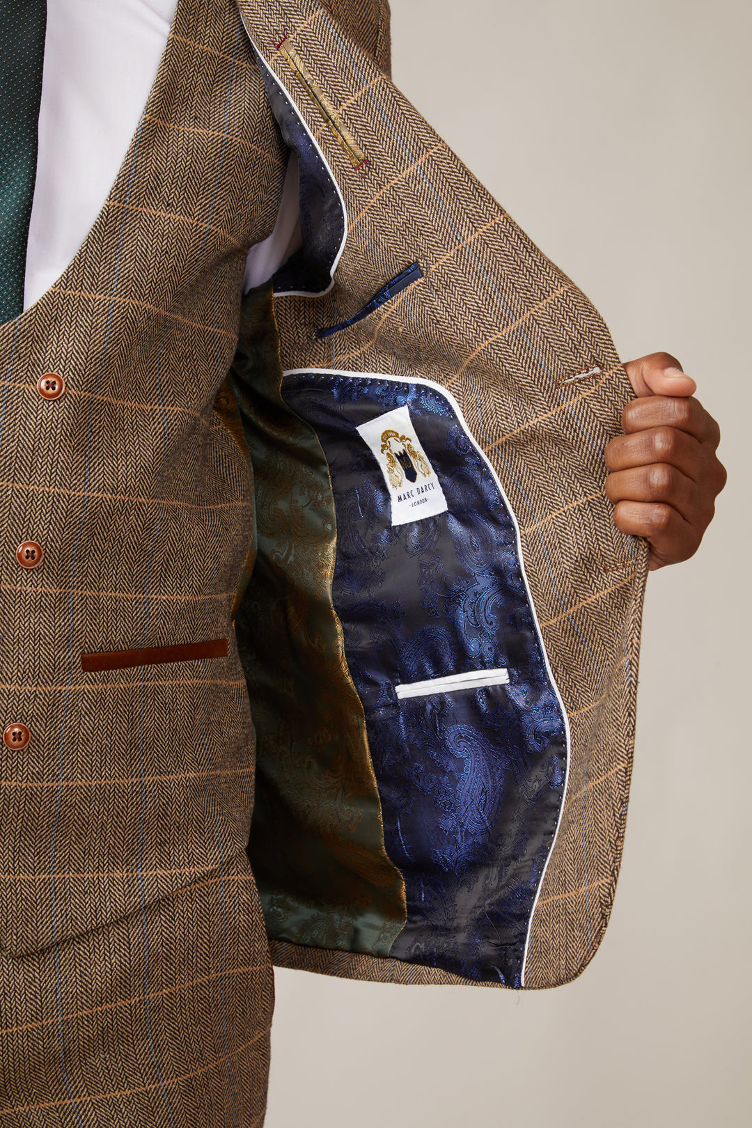 DX7 - Tan Tweed Check Three Piece Suit With Double Breasted Waistcoat