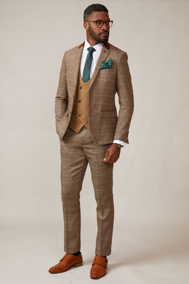 DX7 - Tan Tweed Check Suit With Kelvin Oak Waistcoat