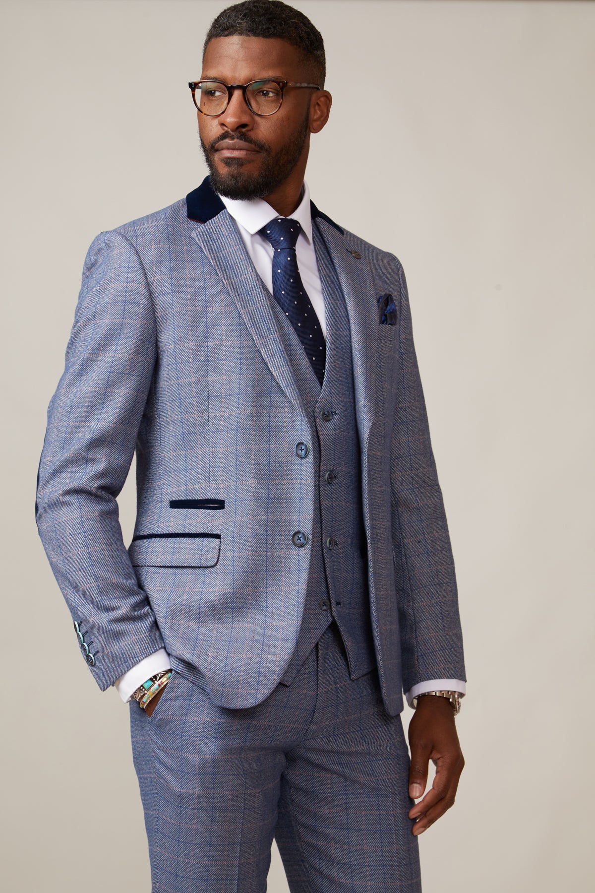Blue Check Tweed Three Piece Suit & Single Breasted Waistcoat – Marc Darcy