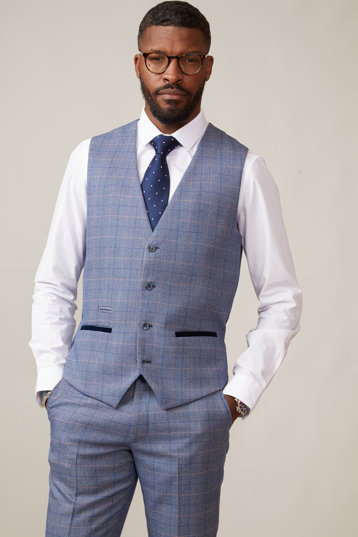 HILTON - Blue Tweed Check Single Breasted Waistcoat