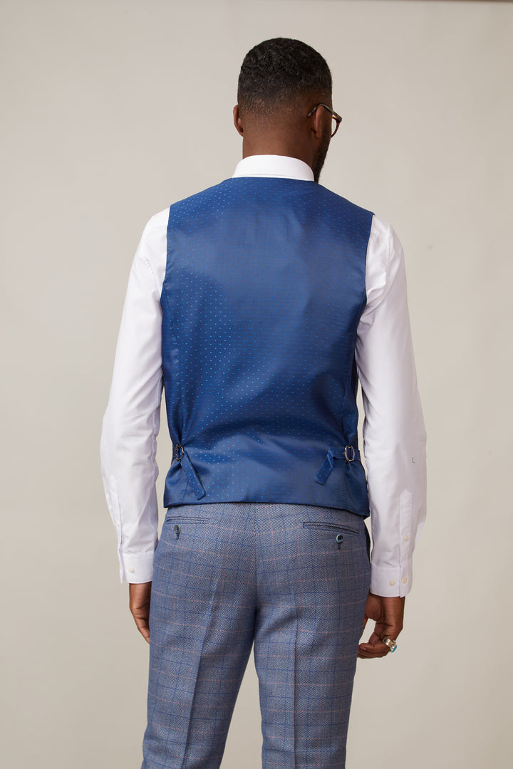 HILTON - Blue Tweed Check Single Breasted Waistcoat