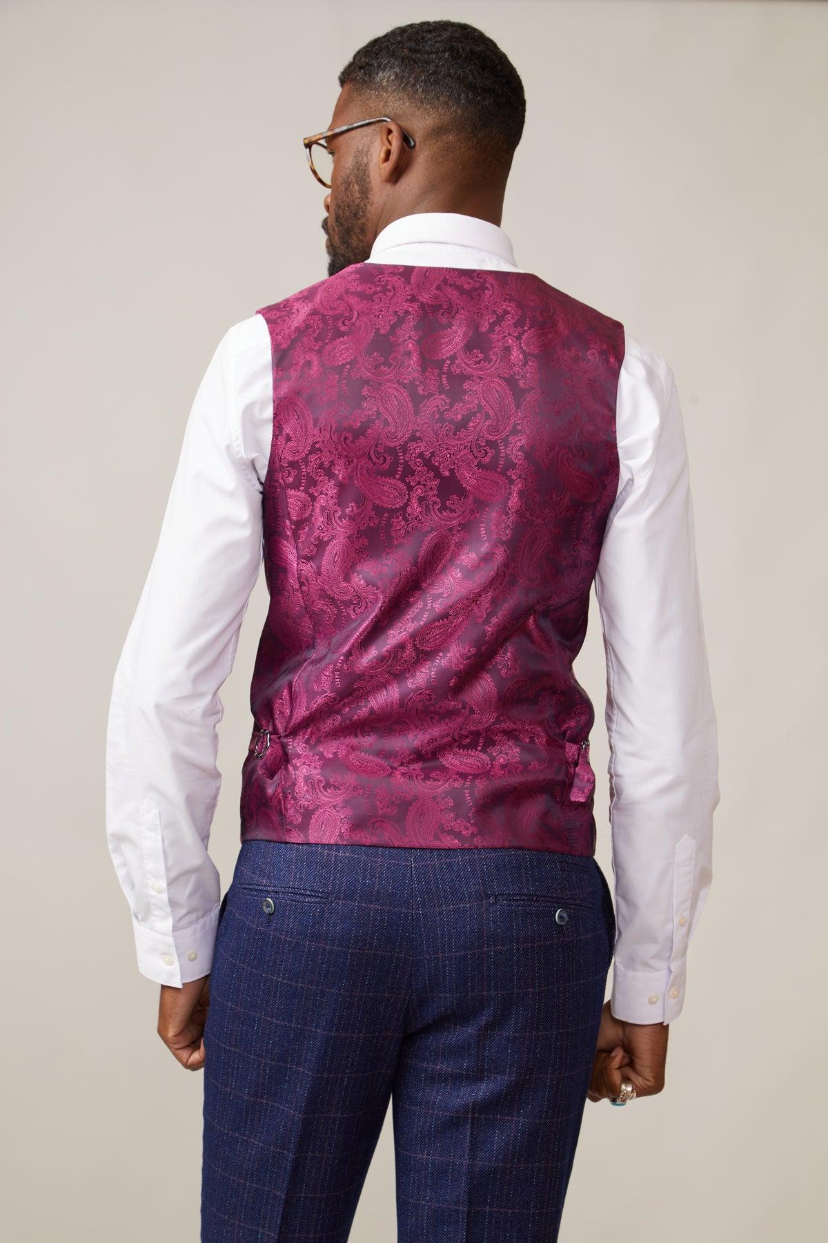 Back view of a man wearing a white dress shirt, marcdarcy KELVIN - Berry Single Breasted Waistcoat, and blue plaid pants.