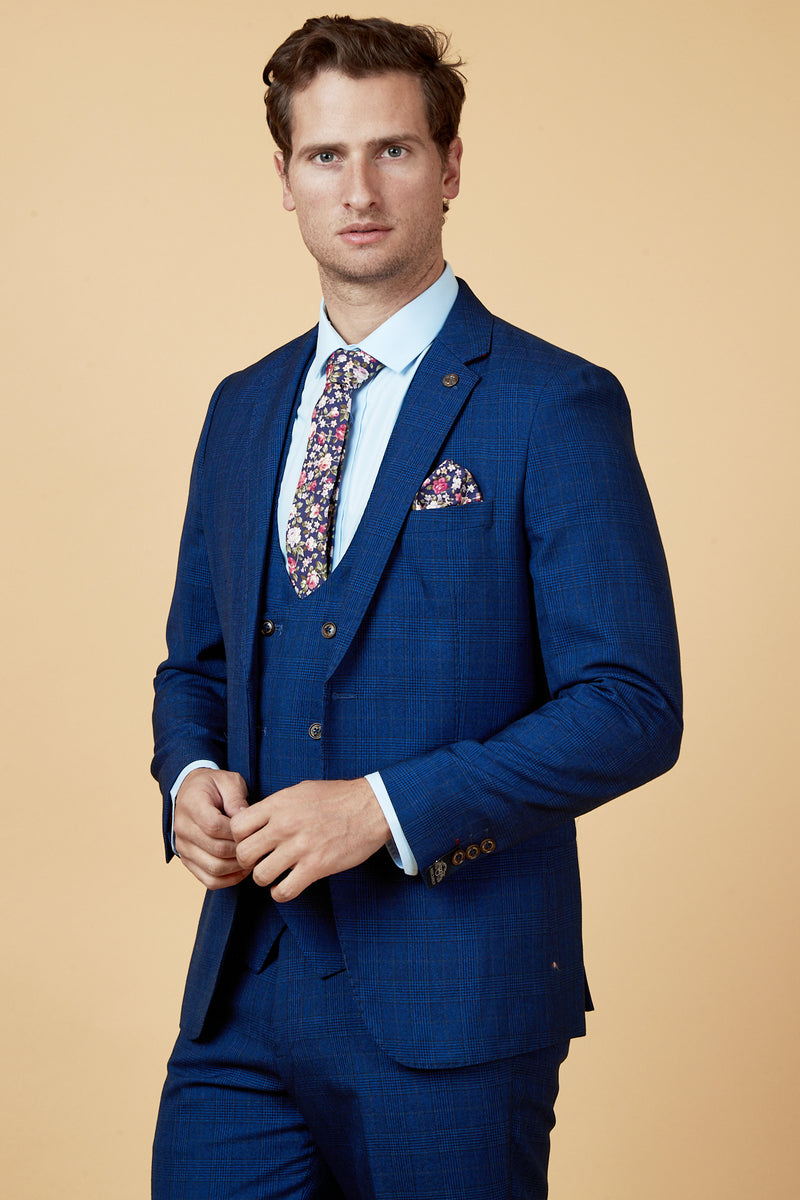 George Royal Blue Check Print Three Piece Suit | Marc Darcy