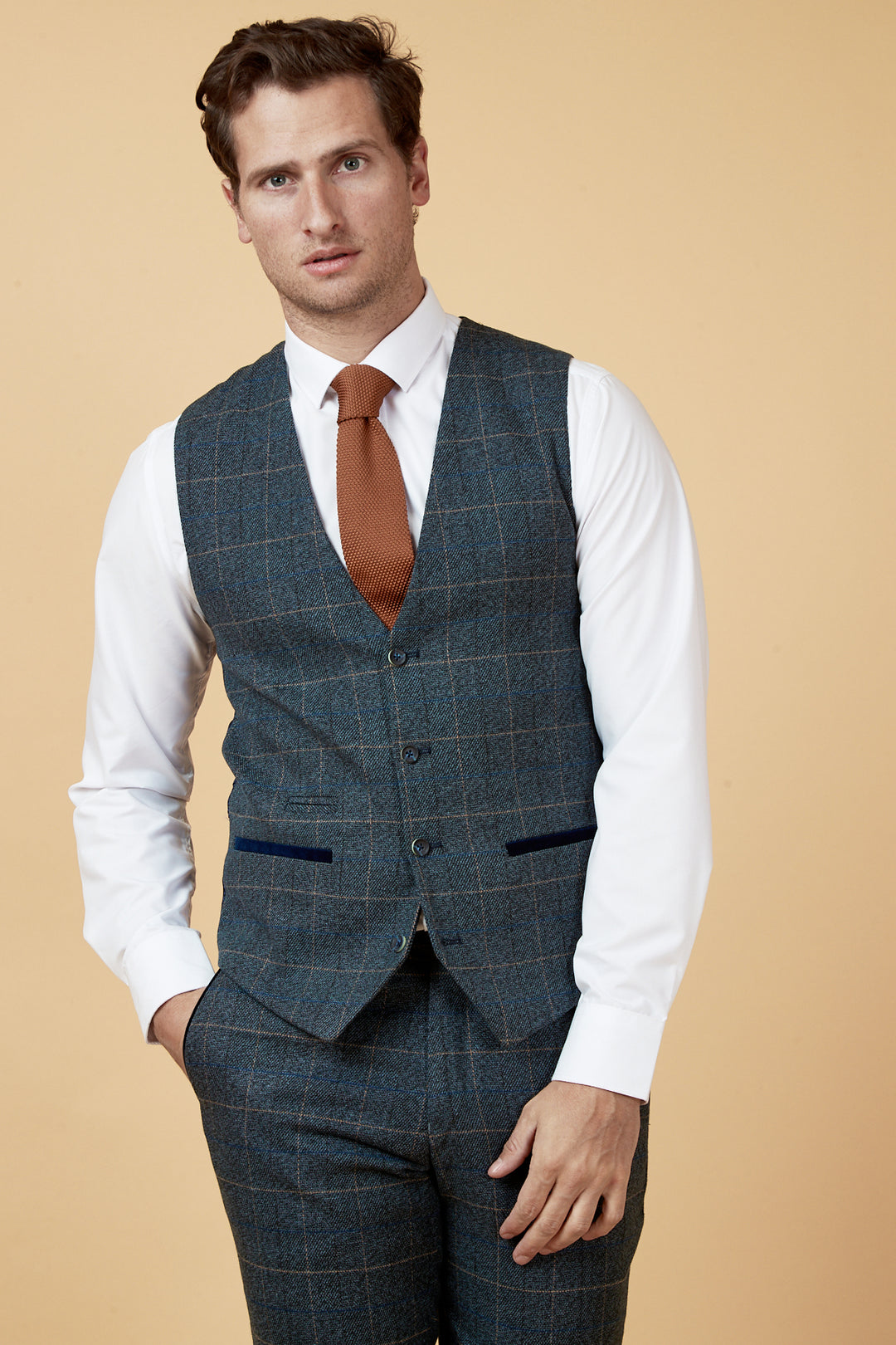 LEN SCOTT Blue Tweed Check Waistcoat - Main Image