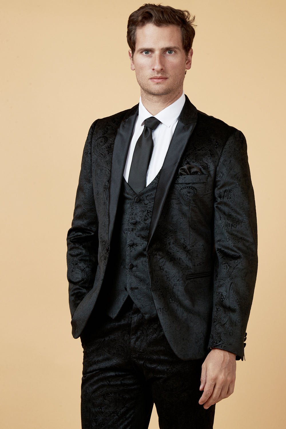 SIMON - Black Velvet Tux Lapel Jacquard Blazer