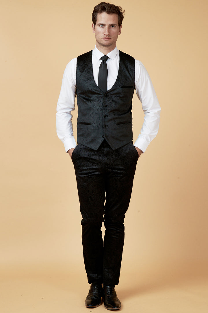 SIMON - Black Velvet Jacquard Three Piece Suit