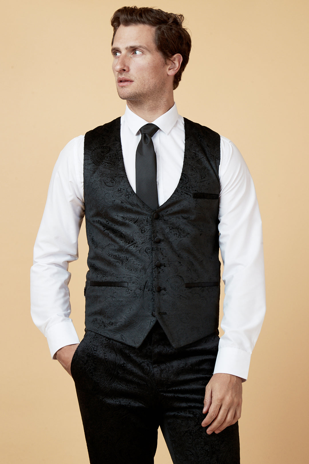 SIMON Black Velvet Jacquard Waistcoat - Main Image