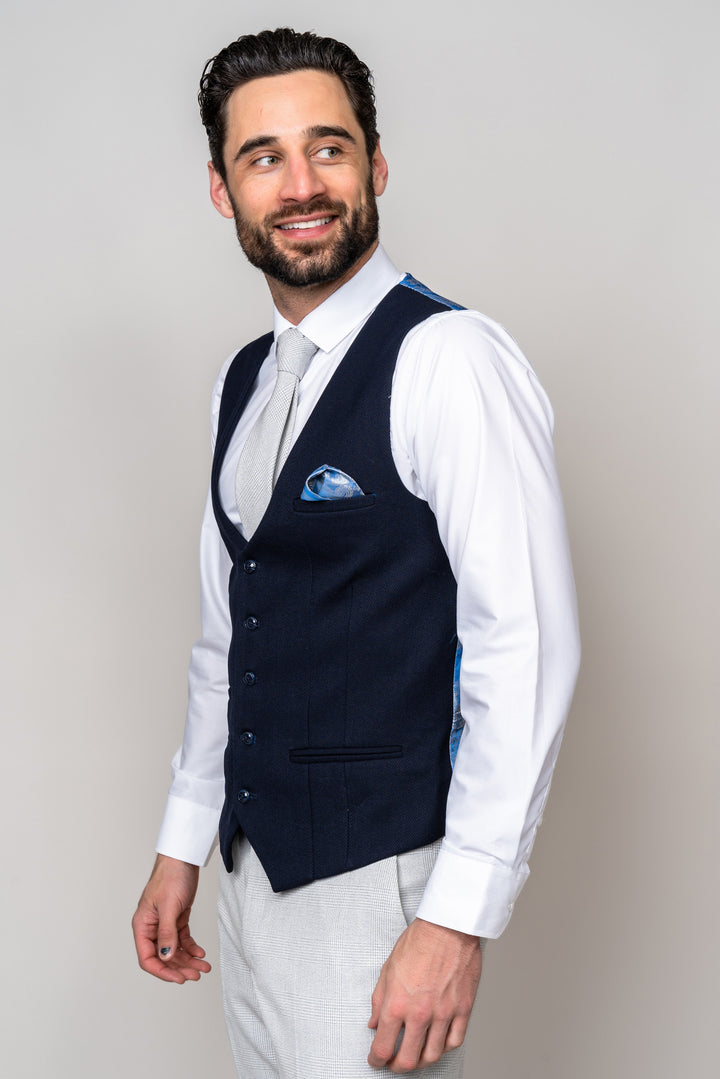 BROMLEY - Stone Check Suit with Kelvin Navy Waistcoat