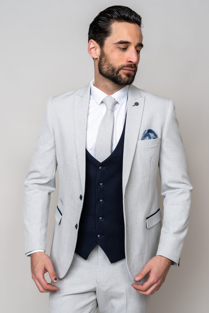 BROMLEY - Stone Check Suit with Kelvin Navy Waistcoat