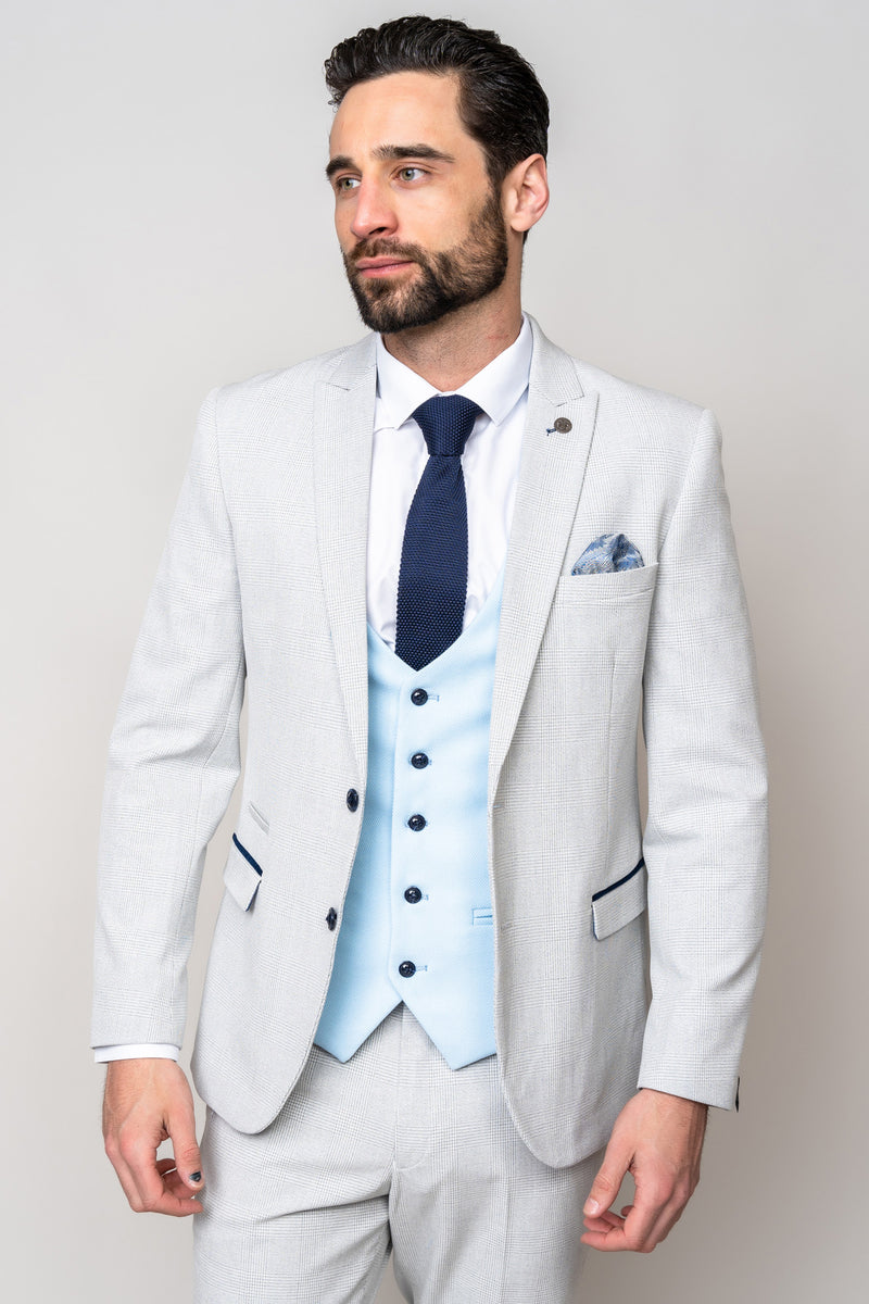 BROMLEY - Stone Check Suit with Kelvin Sky Waistcoat – Marc Darcy