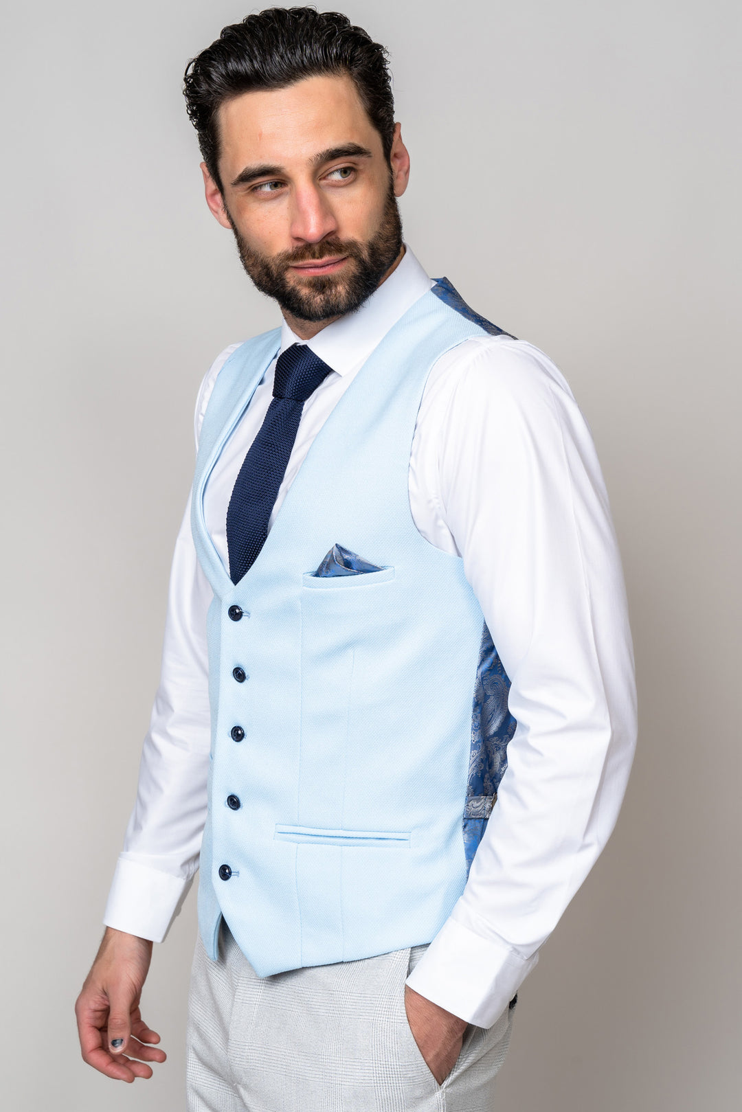 BROMLEY - Stone Check Suit with Kelvin Sky Waistcoat