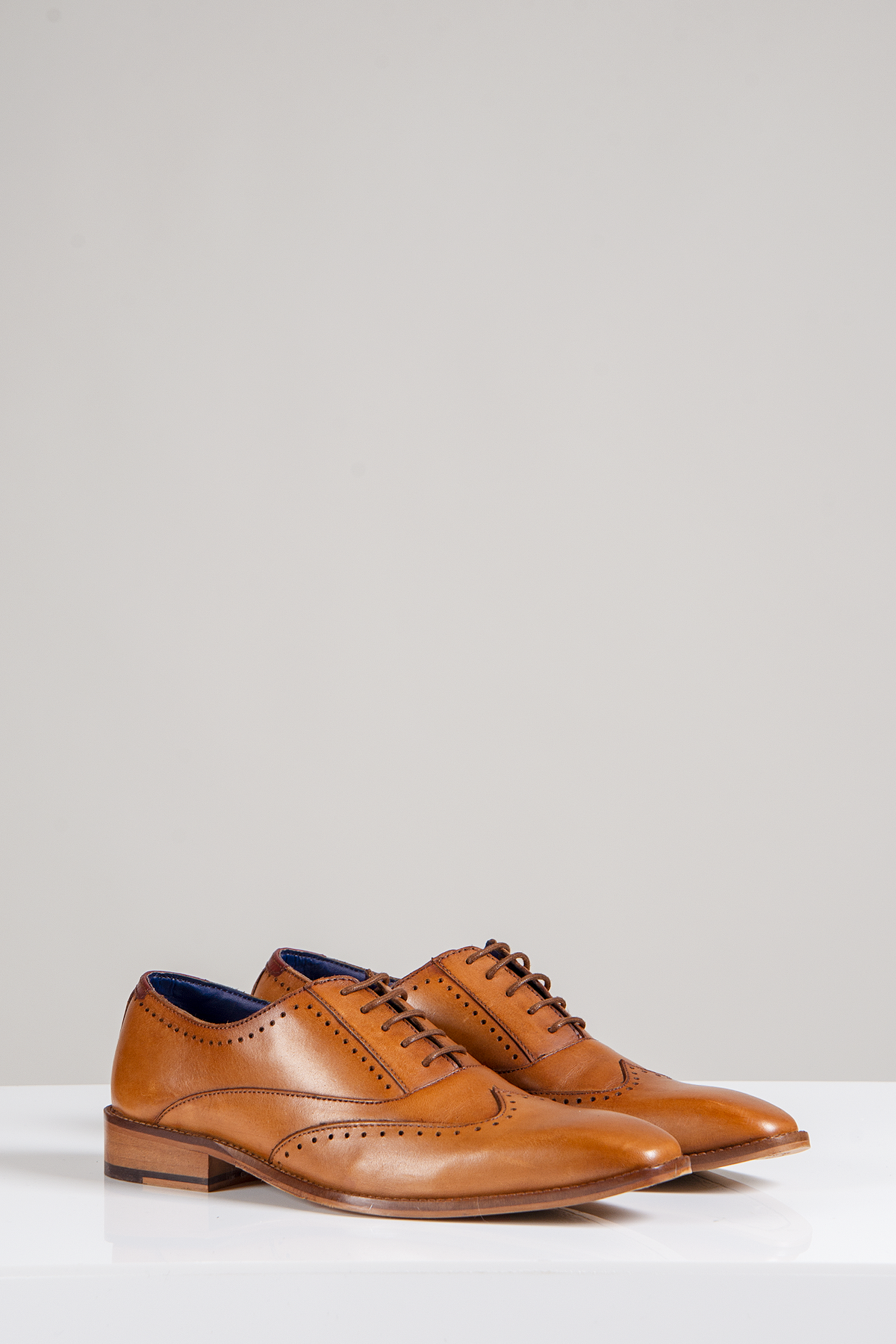 The Marc Darcy CARSON Mid Tan Wingtip Oxford Brogue Shoe, crafted from full grain leather with decorative perforations and laces, is displayed on a white surface against a plain light gray background.