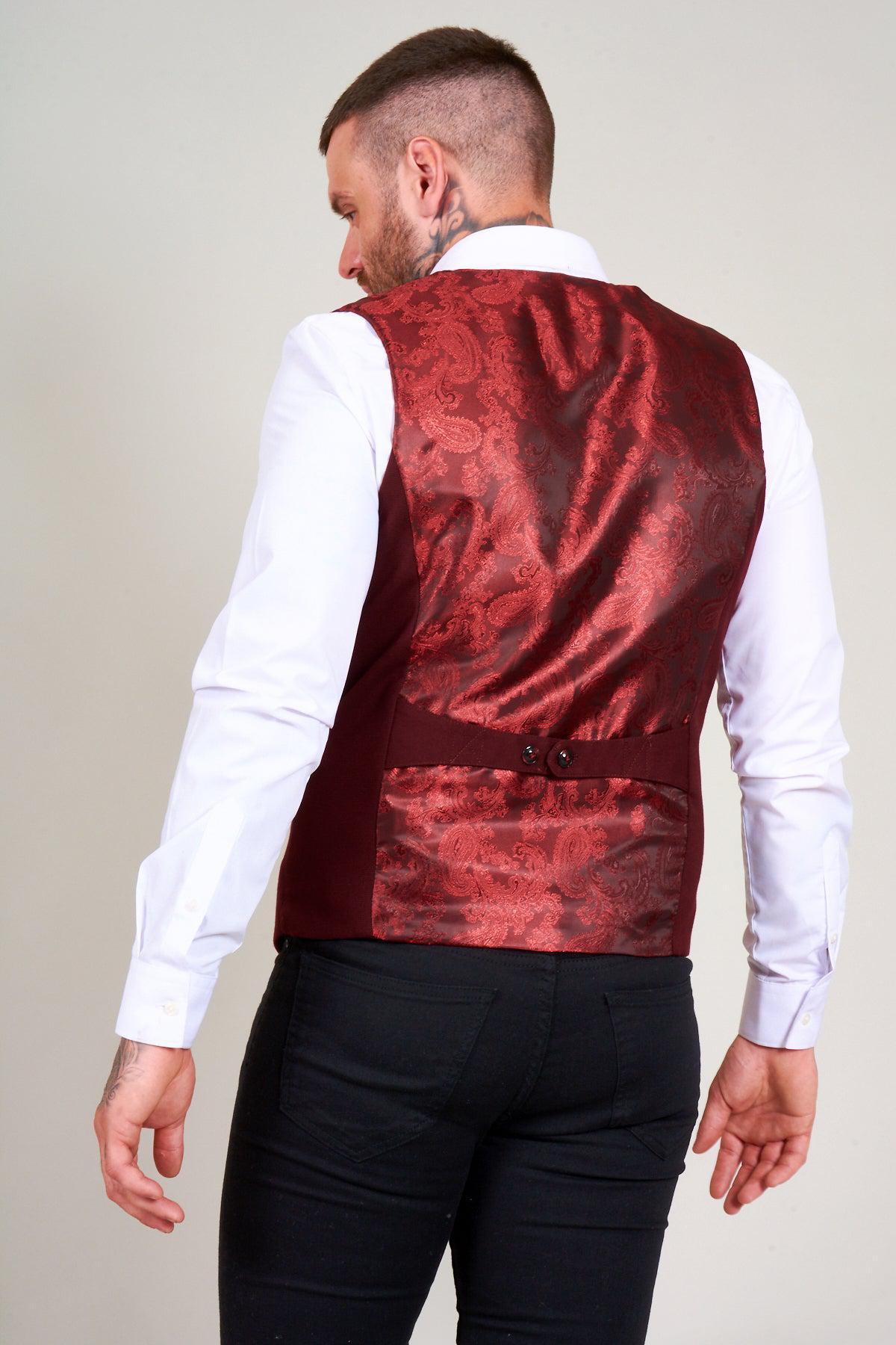 A man facing away wears a white dress shirt, black pants, and the marcdarcy KELLY Wine Double Breasted Waistcoat.
