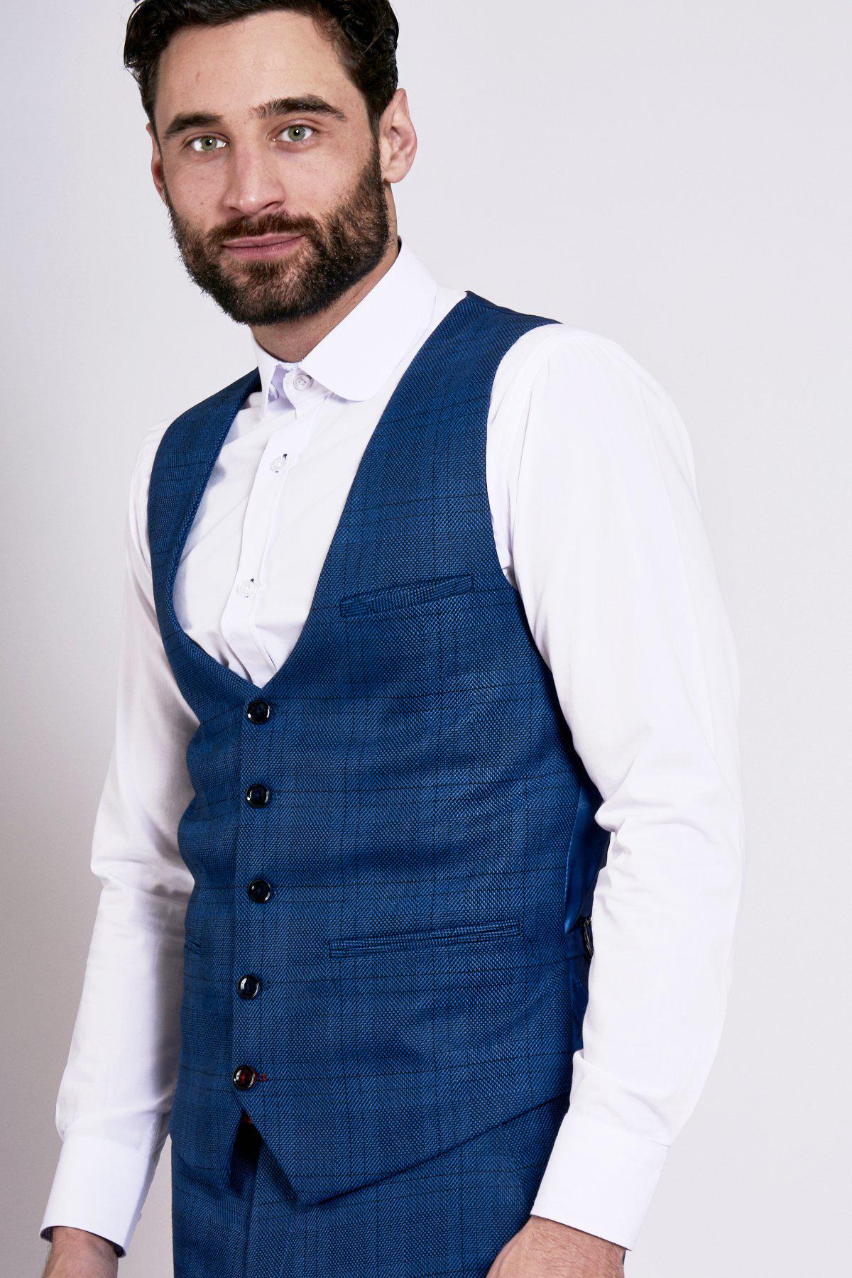 Blue Check Suit With Single Breasted Waistcoat – Marc Darcy