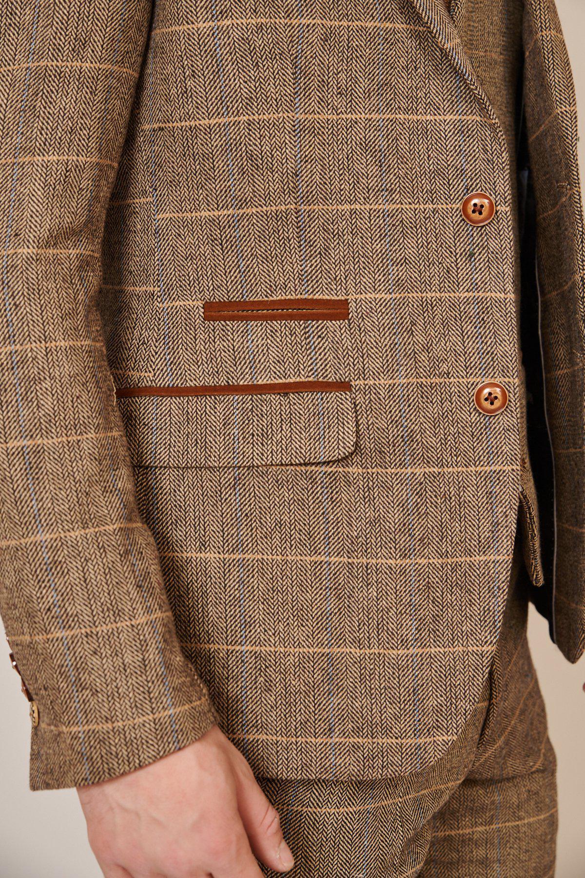 A close-up of a person in the marcdarcy Blogger Style | DX7 Suit As Worn By Jonny Hammond, showcasing its brown plaid fabric, velvet contrast collar, leather-trimmed pockets, and brown buttons; only the left arm, torso, upper legs, and part of a hand are visible.